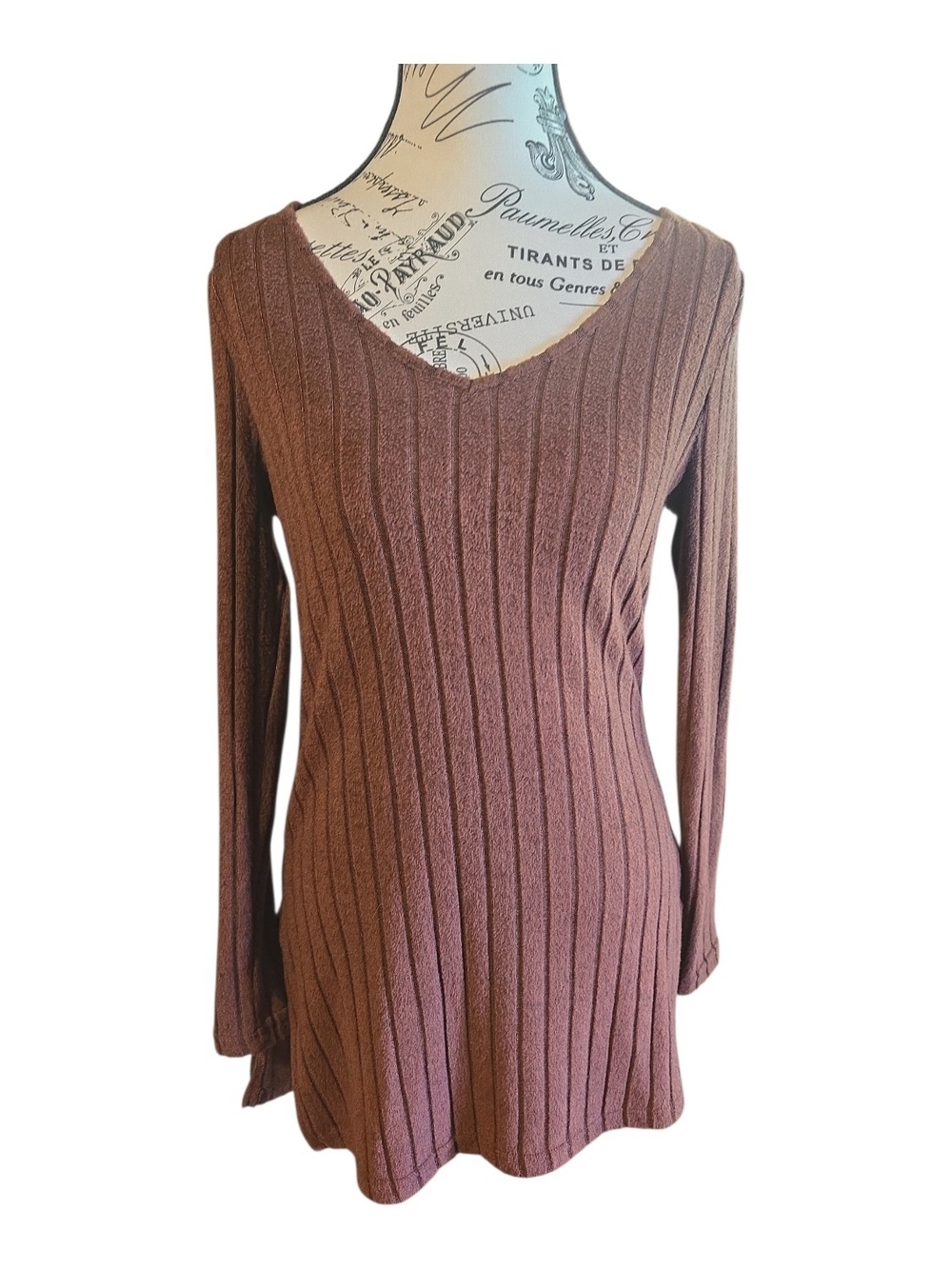 SHEIN Ribbed‎ V-Neck Long Sleeve Sweater Top in Brown